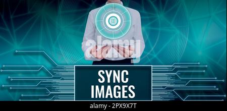 Didascalia di testo con immagini sincronizzate, Word scritto per rendere le foto identiche in tutti i dispositivi accessibili ovunque Foto Stock