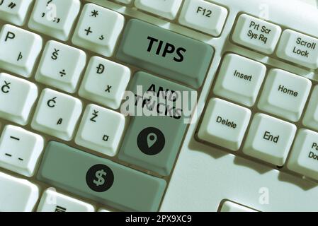 Didascalia testo Presentazione Suggerimenti e trucchi, concetto che significa consigli utili che rende determinate azioni più facili da fare Foto Stock