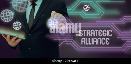 Visualizzazione concettuale Alleanza strategica, Panoramica aziendale un legame tra stati, parti, individui sul raggiungimento degli obiettivi Foto Stock