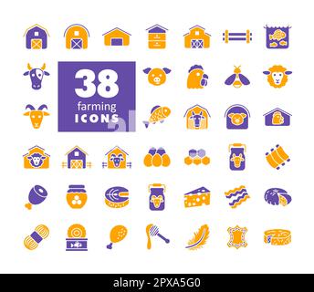 Set di icone glifo dell'animale da fattoria. Segno di cibo animale. Simbolo grafico per il design del sito Web, il logo, l'app, l'interfaccia utente. Illustrazione vettoriale, EPS10. Foto Stock