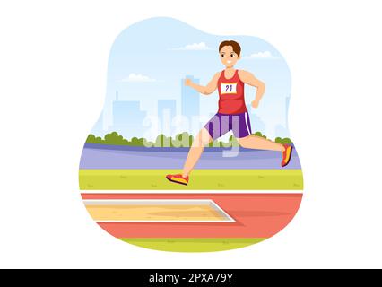 Long Jump Illustration con atleta fare salti in sabbia Pit per banner Web o Landing Page in Campionato sportivo Flat Cartoon modelli disegnati a mano Foto Stock