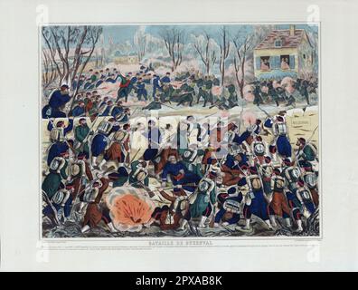 Incisione della Battaglia di Buzenval: Caso del 19 gennaio 1871 la (seconda) Battaglia di Buzenval, nota anche come Battaglia di Mont Valérien, faceva parte dell'assedio di Parigi durante la guerra franco-prussiana. Il 19 gennaio 1871, il giorno dopo che Wilhelm i fu proclamato imperatore tedesco, Louis Jules Trochu attaccò i tedeschi ad ovest di Parigi nel Parco Buzenval. Gli attaccanti sequestrarono la città di Saint-Cloud, avvicinandosi al nuovo quartier generale dell'imperatore a Versailles. Trochu riuscì a mantenere la sua posizione a St. Nuvola per la maggior parte della giornata, ma il fallimento di altre forze francesi a mantenere le loro posizioni lo ha lasciato Foto Stock