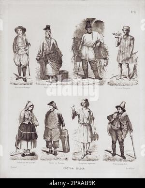 Immagini vintage di costume nazionale. 1860 contadina della Bretagna, contadina russa, carter russo, pescatore del Madagascar, ragazza dei Pirenei, pescatore di Boulgne, bird handler portoghese, pastore napoletano Foto Stock