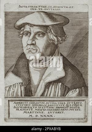 Ritratto di Martin Luther. Martin Lutero (1540 – 1483 – 1546) è stato un professore tedesco di teologia, sacerdote, autore, compositore, ex monaco agostiniano ed è meglio conosciuto come figura seminale nella riforma protestante e come il nome del luteranesimo. Foto Stock