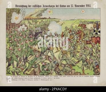 Propaganda tedesca vintage disegno di distruzione del corpo dell'esercito russo vicino a Kutno il 15 novembre 1914 Foto Stock
