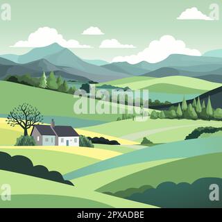 Campi colline Farm House Paesaggio sfondo Illustrazione Vettoriale