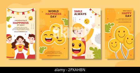 World Happiness Day Social Media Stories with Smiling Face Flat Cartoon modelli disegnati a mano Illustrazione Foto Stock