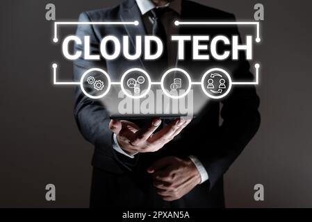 Firma a mano Cloud Tech, vetrina aziendale archiviazione e accesso a dati e programmi su Internet Foto Stock