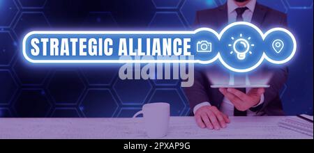 Visualizzazione concettuale Alleanza strategica, Parola per un legame tra stati, partiti, individui sul raggiungimento degli obiettivi Foto Stock