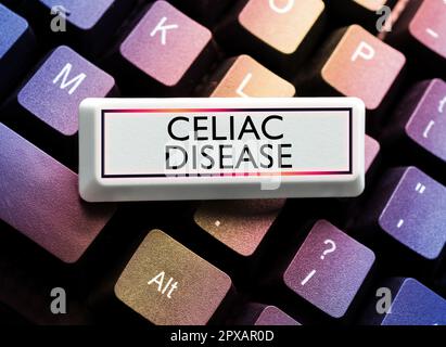 Testo scritto a mano malattia celiaca, concetto che significa intestino tenue è ipersensibile al problema di digestione del glutine Foto Stock