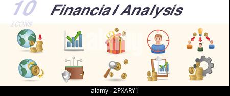 Set di analisi finanziaria. Icone creative: Vantaggi, mercato di destinazione, sicurezza dei pagamenti, ricerca di denaro, rapporto finanziario, gestione del denaro. Illustrazione Vettoriale