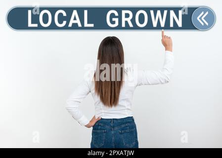 Didascalia di testo che presenta coltivato locale, parola per i prodotti agricoli prodotti poi venduti all'interno di una certa zona Foto Stock