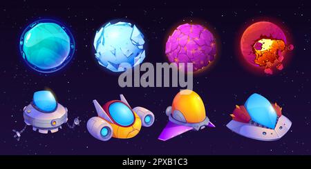 Set di cartoni animati di UFO alieno e pianeti isolati su sfondo cielo stellato notte. Illustrazione vettoriale di oggetti spaziali, asteroide distrutto, stelle fantasy, divertenti astronavi in volo. Elementi di design del gioco Illustrazione Vettoriale