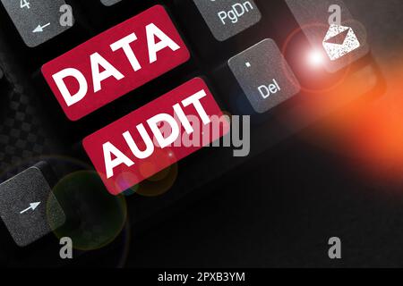 Segno di testo che mostra Data Audit, Word scritto sulla revisione dei dati per valutarne la qualità per uno scopo specifico Foto Stock