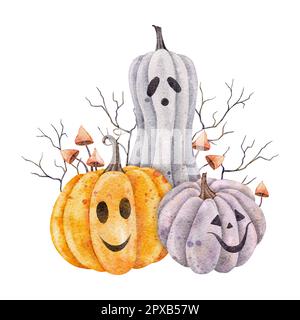 Spaventoso Jack o Lanterna zucca di Halloween. Cartoncino acquerello di tre zucche, rami e funghi, illustrazione disegnata a mano per le feste di Halloween. Simbolo di Foto Stock