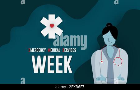 Happy National Emergency Medical Services Week. Celebrazione dei concetti medici. Poster, illustrazione vettoriale del disegno del banner. Illustrazione Vettoriale