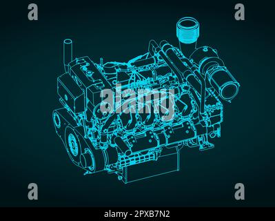 Illustrazione vettoriale stilizzata del modello di motore diesel marino per impieghi pesanti Illustrazione Vettoriale