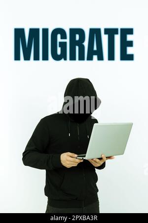 Testo che mostra ispirazione Migrate, Word for per spostarsi o viaggiare da un paese o località ad un altro Foto Stock