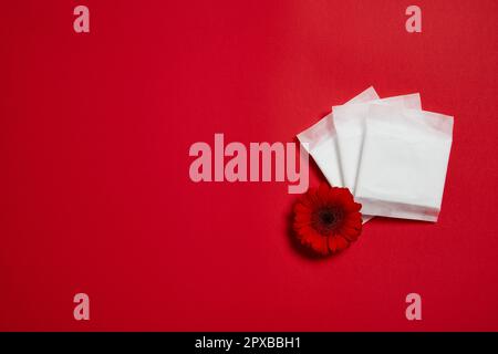 tamponi mestruali e fiori rossi isolati su sfondo rosso, vista dall'alto. spazio per la copia Foto Stock