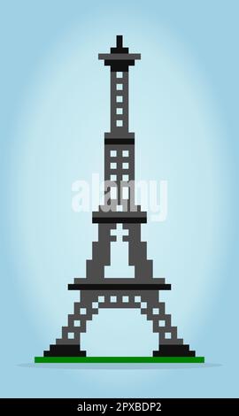 immagine della torre eiffel a 8 bit. Costruzione in illustrazione di grafica vettoriale di pixel. torre in francia per le risorse di gioco. Illustrazione Vettoriale