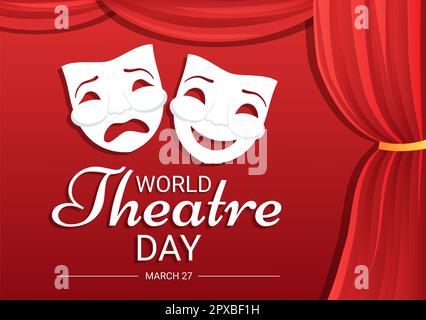 World Theatre Day il 27 marzo Illustrazione con maschere e per celebrare il teatro per banner Web o landing page in Cartoon piano modelli disegnati a mano Foto Stock