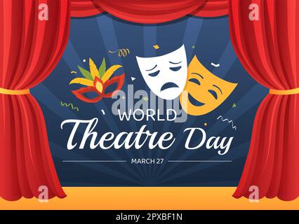 World Theatre Day il 27 marzo Illustrazione con maschere e per celebrare il teatro per banner Web o landing page in Cartoon piano modelli disegnati a mano Foto Stock