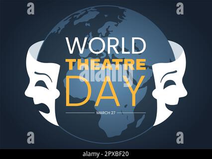 World Theatre Day il 27 marzo Illustrazione con maschere e per celebrare il teatro per banner Web o landing page in Cartoon piano modelli disegnati a mano Foto Stock