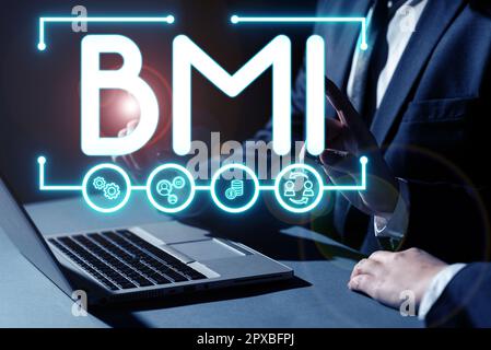 Segno che visualizza BMI, metodo di approccio di affari di stima dei livelli di grasso corporeo basati su peso e altezza Foto Stock