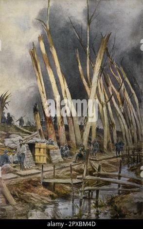 Prima guerra mondiale Nel Frandres. Di Francois Flameng l'offensiva Yser (1917) prima linea francese vicino Het-SAS, prima della marcia avanti il 31st luglio. Foto Stock