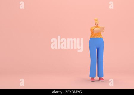 La donna con i capelli dorati legati in un bun con pantaloni in corduroy blu e T-shirt arancione con strisce bianche. È espressione di mano quando parla. Foto Stock