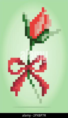 rose a 8 bit pixel con nastri. Spara di fiori per motivi di cucitura a croce, in illustrazioni vettoriali. Illustrazione Vettoriale