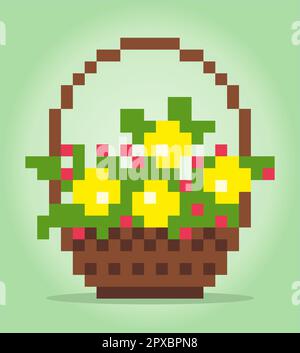 fiori da 8 bit pixel sul cestello. Fiori di bouquet per motivi a punto trasversale, in illustrazioni vettoriali. Illustrazione Vettoriale