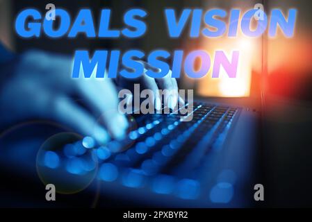 Ispirazione mostrando il segno obiettivi Vision Mission, Business idea processo di pianificazione pratica utilizzato per aiutare il gruppo della comunità Foto Stock