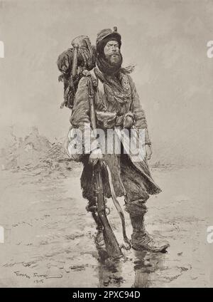 Prima guerra mondiale Il soldato del 1915. Poilu. Di Georges Scott Poilu è un termine informale per un fantino francese di fine 18th° secolo-inizio 20th° secolo, che significa, letteralmente, quello peloso. È ancora ampiamente usato come termine di endearment per la fanteria francese della prima guerra mondiale La parola porta il senso del fondo tipicamente rustico e agricolo dell'infantryman, e deriva dai baffi e dagli altri capelli facciali pescati da molti soldati francesi dopo lo scoppio della guerra come segno di mascolinità. Il poilu era particolarmente conosciuto per il suo amore per il pinard, la sua razione di vino a buon mercato. Foto Stock