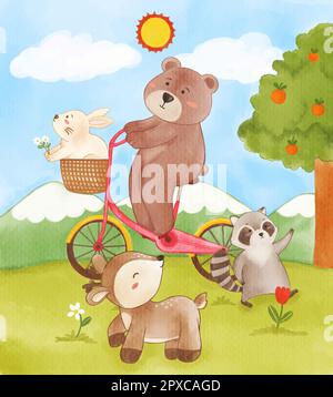 Molti animali selvatici in giardino . Bear ride bicicletta e coniglio sul cesto . Raccoon e cervi camminano sull'erba . Disegno realistico della vernice di acquerello. Illustrazione Vettoriale