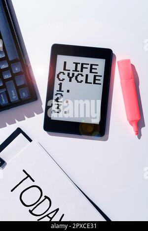 Segno che mostra il ciclo di vita, Business idea la serie di cambiamenti nella vita di un organismo e degli animali Foto Stock