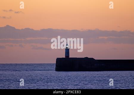 Faro di Newhaven in Sussex, al tramonto nel gennaio 2022. Foto Stock