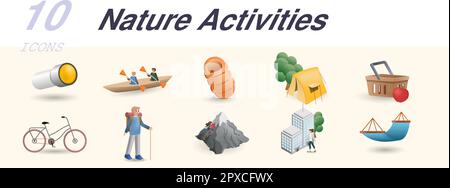 Attività natura set. Icone creative: Torcia elettrica, canore canottaggio, sacco a pelo, tenda, pickick, giro in bicicletta, escursioni, arrampicata su roccia, passeggiata in città, amaca. Illustrazione Vettoriale