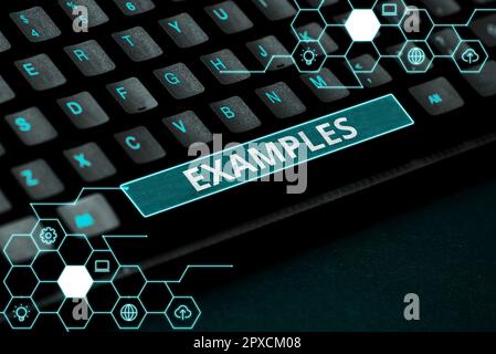 Simbolo di testo che mostra esempi, Word per foto esempio modello da seguire spiegazione della guida Foto Stock
