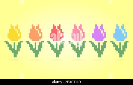 8 bit pixel fiore di tulipano. Set di fiori per motivi a punto trasversale, in illustrazioni vettoriali. Illustrazione Vettoriale