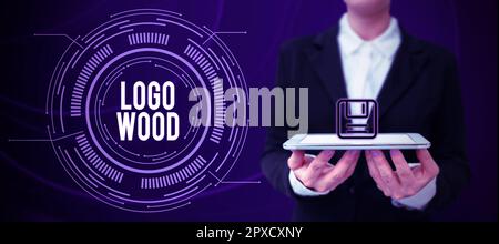 Didascalia testo presentando Logo legno, Parola per il design riconoscibile o simbolo di un'azienda inscritta su legno Foto Stock