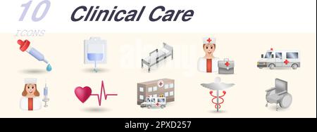 Set per la cura clinica. Icone creative: Pipetta, contagocce, culla dell'ospedale, medico, ambulanza, infermiera, battito cardiaco, ospedale, glifo caduceo, sedia a rotelle. Illustrazione Vettoriale