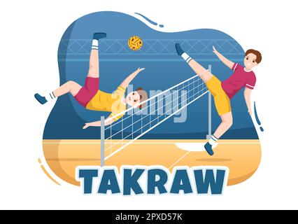 Sepak Takraw Illustrazione con atleta giocando Kick Ball sul campo in Flat Sports Game Competition Cartoon Hand disegnato per Landing Page Template Foto Stock