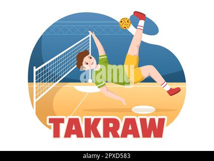 Sepak Takraw Illustrazione con atleta giocando Kick Ball sul campo in Flat Sports Game Competition Cartoon Hand disegnato per Landing Page Template Foto Stock