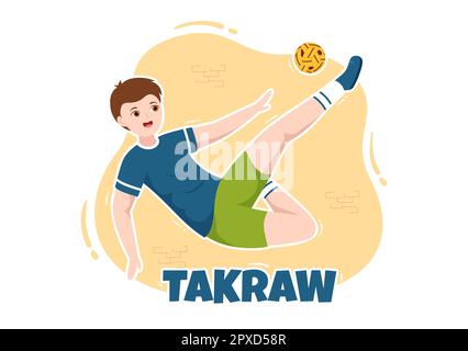 Sepak Takraw Illustrazione con atleta giocando Kick Ball sul campo in Flat Sports Game Competition Cartoon Hand disegnato per Landing Page Template Foto Stock