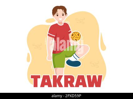 Sepak Takraw Illustrazione con atleta giocando Kick Ball sul campo in Flat Sports Game Competition Cartoon Hand disegnato per Landing Page Template Foto Stock