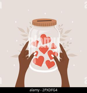 Concetto di donazione. Mani africane femmina che tengono vaso di vetro pieno di cuori rossi. Giornata internazionale di beneficenza. Condividi il tuo amore. Cartoni animati piatti vettoriali Illustrazione Vettoriale