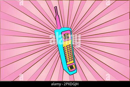Vecchio retro antico telefono cellulare hipster dal 70s, 80s, 90s, 2000s su uno sfondo di astratto raggi rosa. Illustrazione vettoriale. Illustrazione Vettoriale