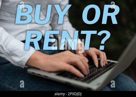Segno di testo che mostra Buy o Rent, parola per dubbio tra possedere qualcosa ottenere per affittato Foto Stock