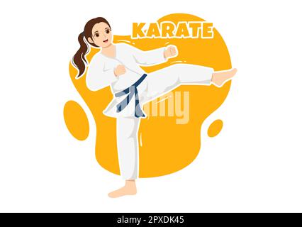 La gente che fa alcune mosse di base di arti marziali di Karate, posa di combattimento e vestendo Kimono in mano di Cartoon disegnata per l'illustrazione di modelli della pagina di atterraggio Foto Stock